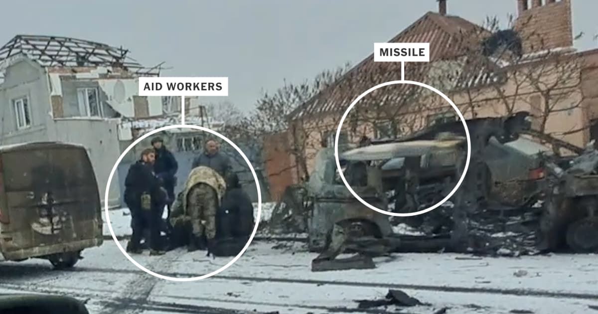 The New York Times shares a video of a Russian missile hitting the car of volunteers who were helping a civilian in Bakhmut