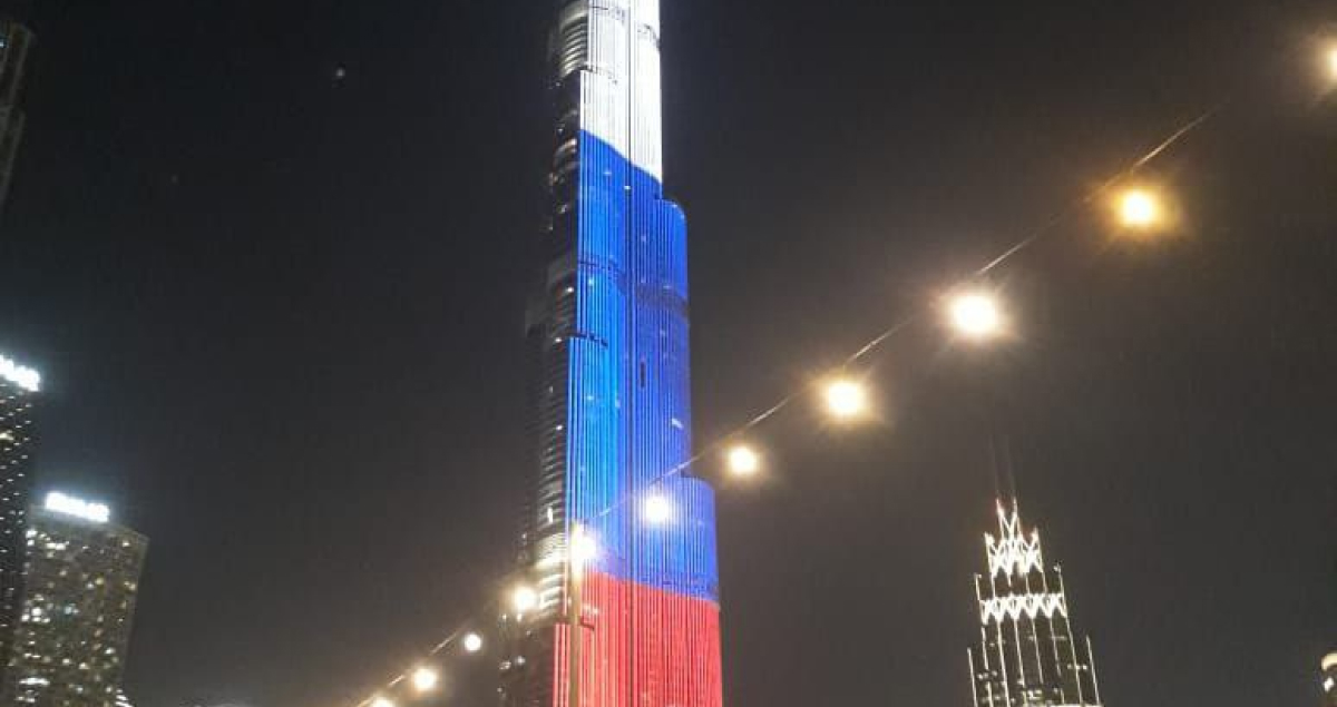 The Burj Khalifa skyscraper in Dubai lights up with the colours of the Russian flag