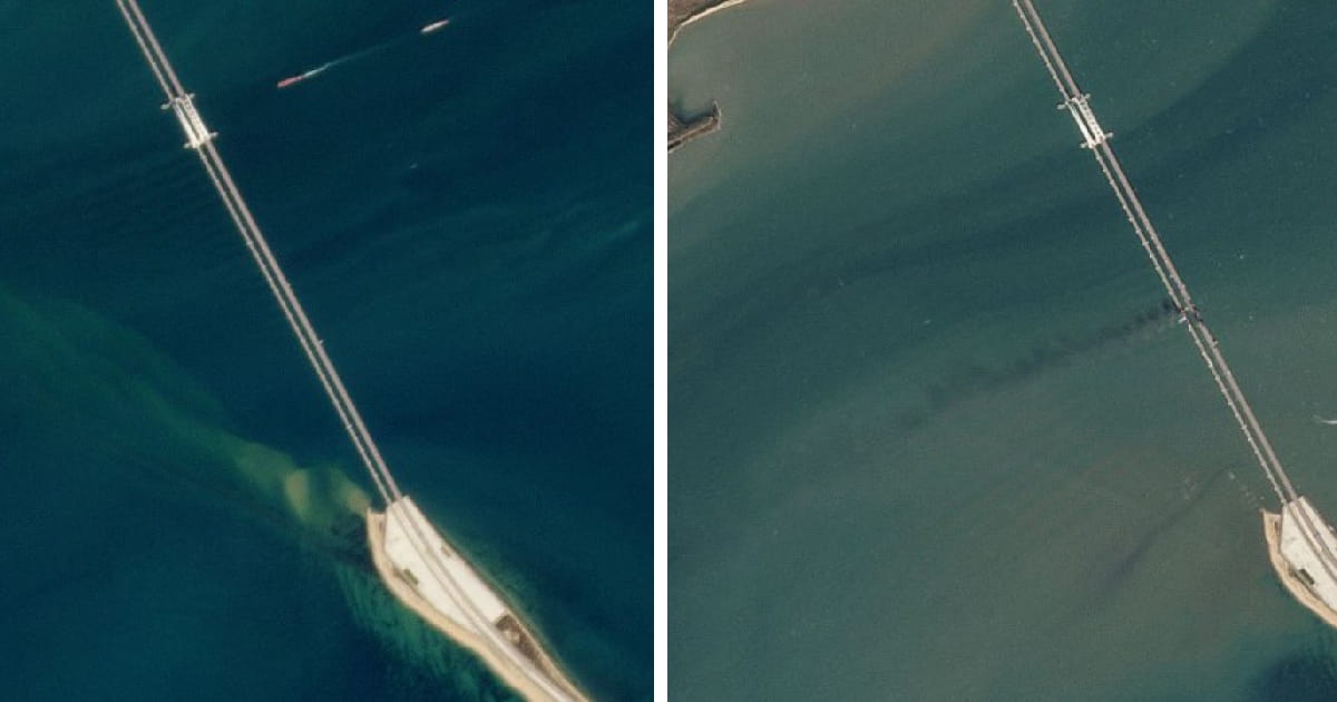 Сервіс PlanetScope опублікував супутникові знімки Кримського моста, де видно пошкодження