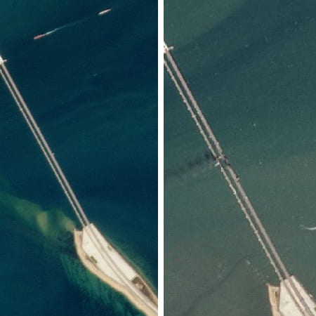 Сервіс PlanetScope опублікував супутникові знімки Кримського моста, де видно пошкодження